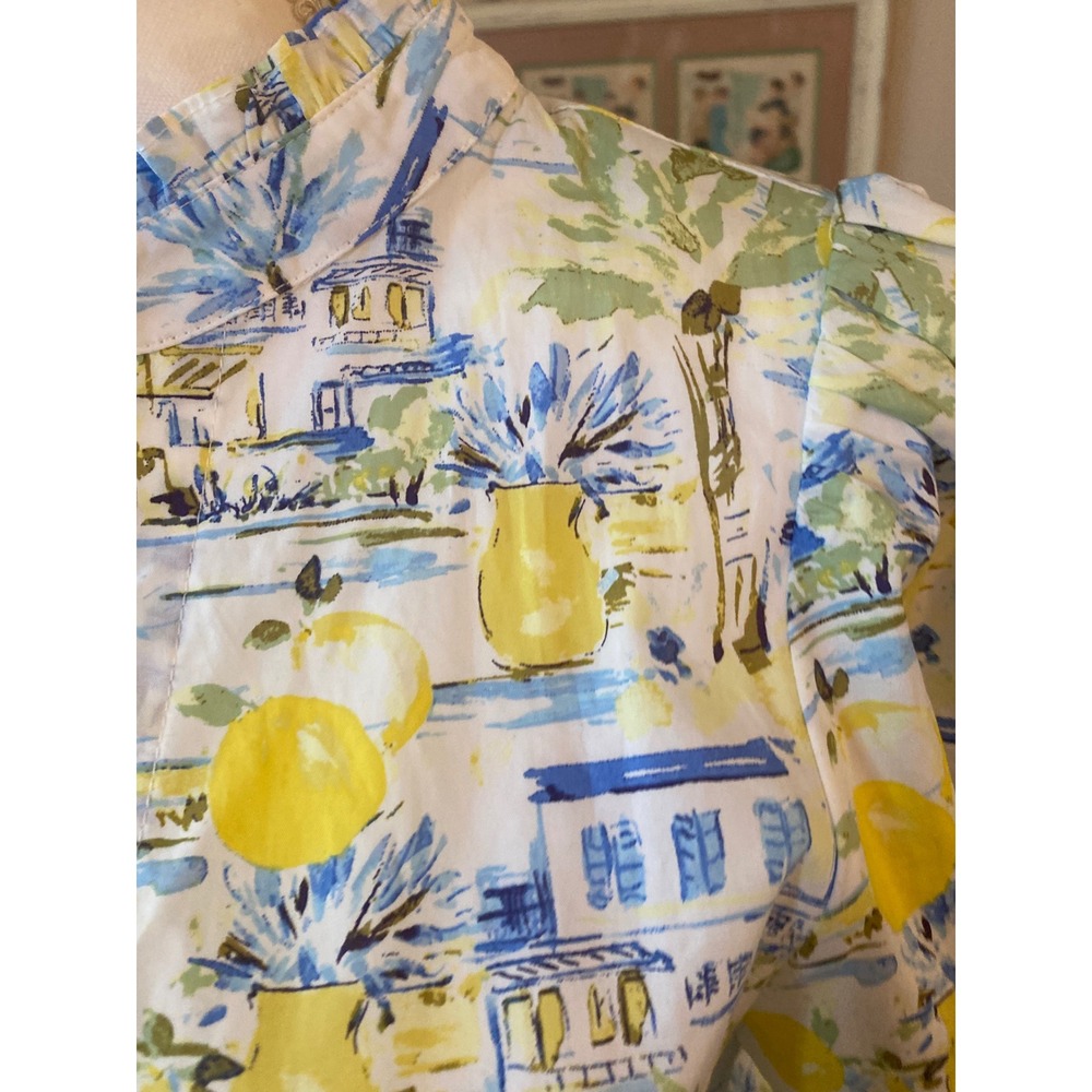 Avara Mediterranean Lemon Print Tiered Mini Dress Blue Yellow Sz s boho Cottage - Picture 4 of 10